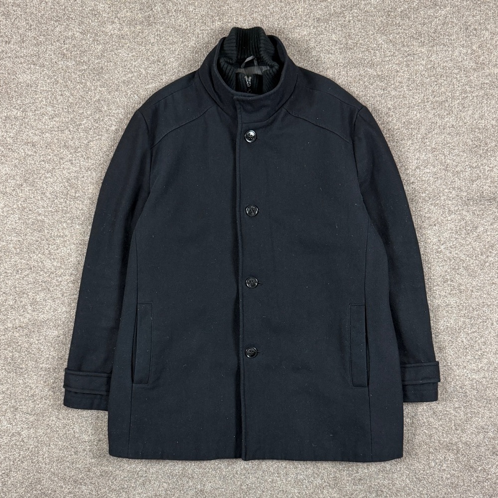Black Wool Button Front Coat Men’s XL Funnel Neck Removable Full Zip Sweater Bib